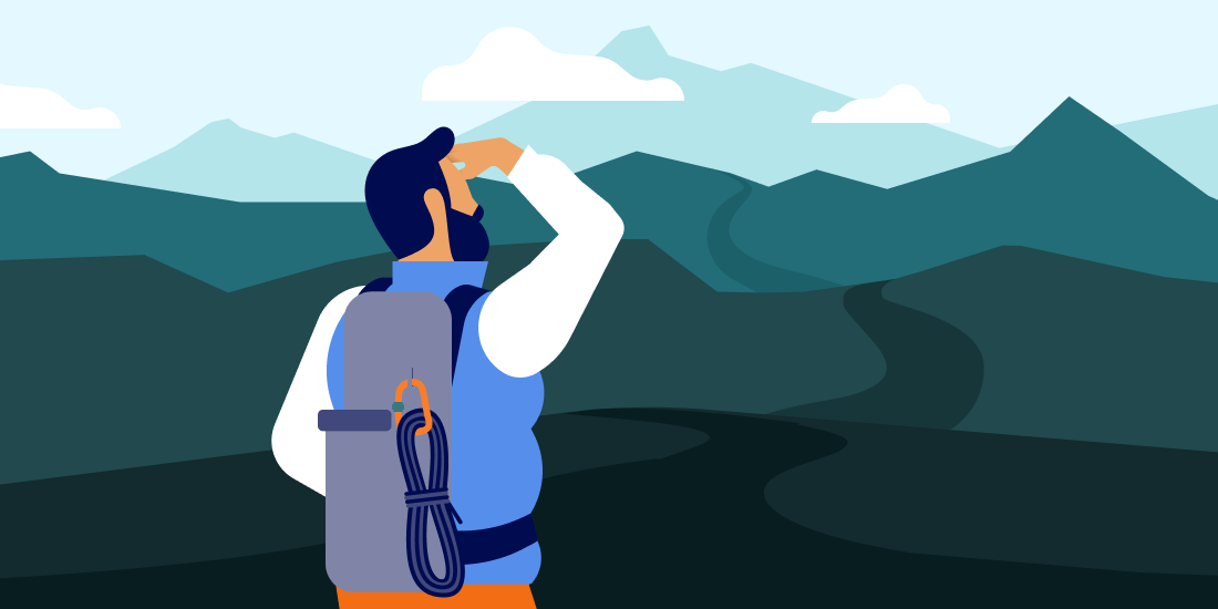 An illustration of a climber looking at a mountain in the distance.